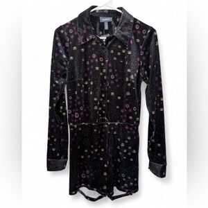 NWOT ModCloth Art‎ Deco Print Velvet Club Button Up Short Romper Small Retro 70s